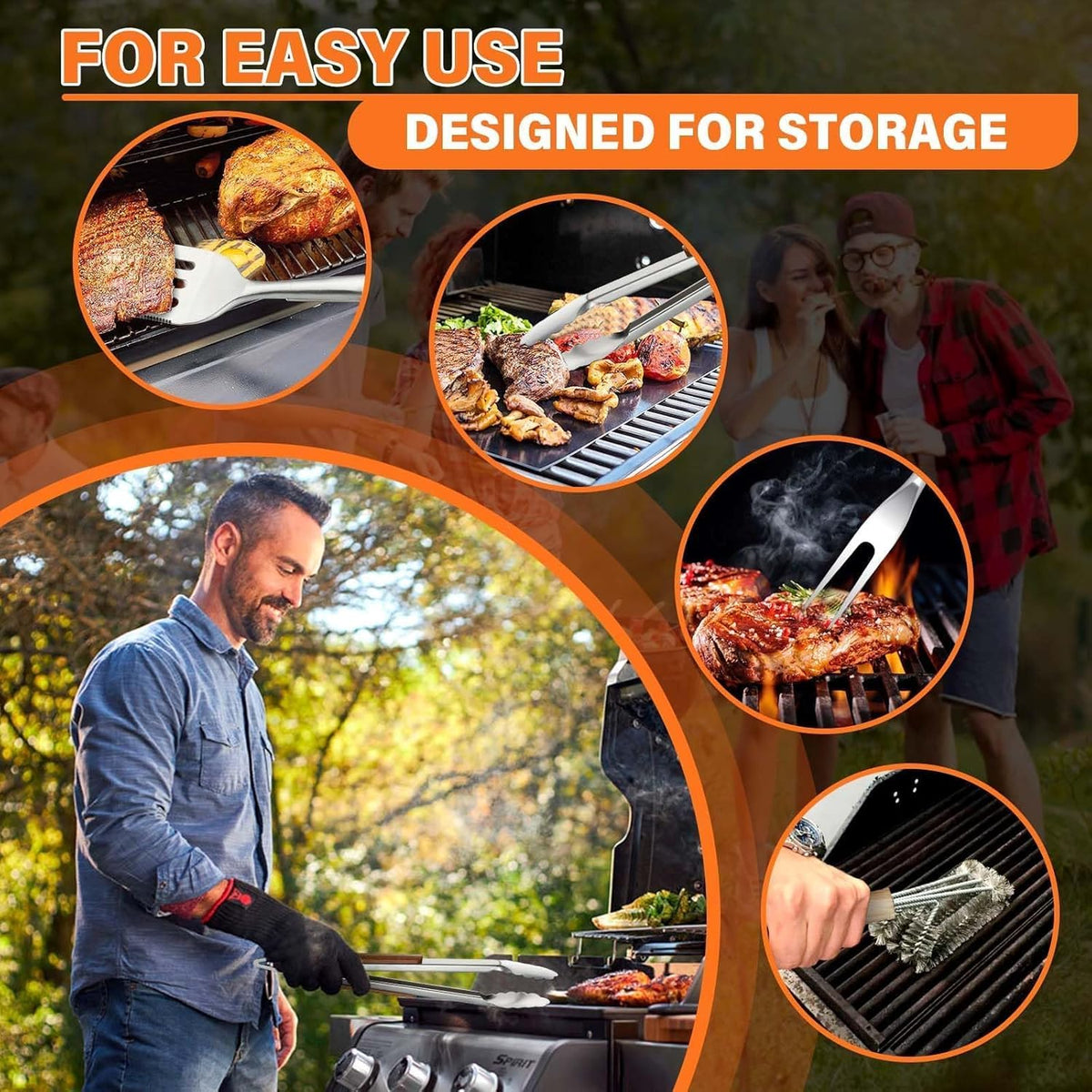 TIVOLI 4PCS Grilling Accessories, Heavy Duty BBQ Tool Set with Stainless Steel Spatula, Tongs, Fork, Cleaning Brush, Wood Handles Barbecue Utensils Kit for Outdoor, Perfect Grill Gifts for Dad Men