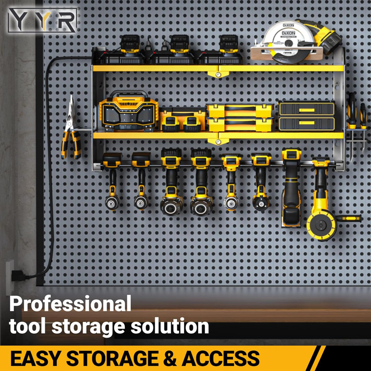 YYR Power Tool Organizer with Charging Station Wall Mount, Cordless Drill and Battery Holder for Garage Organization, Electric Tools Storage Rack Build in Surge Protection Power Strip - Yellow Shelf