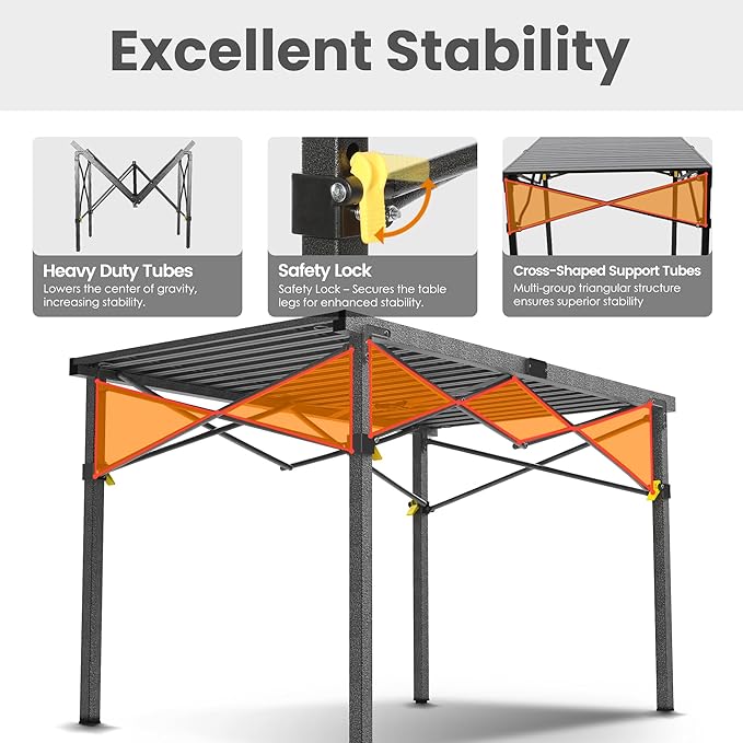 Portable Outdoor Camping Table Large for 2-6 Person - Foldable Camp Table with Aluminum Roll-Up Top & Carry Bag for BBQ, Tailgating, Backyard, 220 Lbs Capacity, Stable & Sturdy (Black)