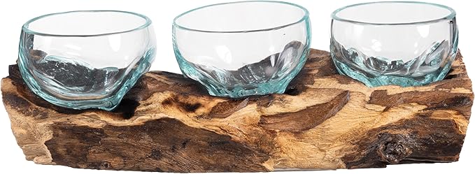 Cape Craftsmen Set of 3 Terrariums | Hand-Blown Blue Tinted Bubble Glasses On Natural Teak Driftwood Terrarium | Home Décor Indoor Planter with Stand | Glass Clear Pots for Succulent and Plants