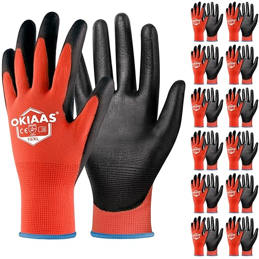 OKIAAS Men's Ultra-Thin and Lightweight Working Gloves with Grip, 12 Pairs, Red, X-Large