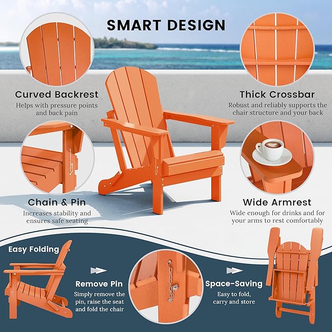 Westin Outdoors Laguna WO Home Furniture Adirondack Chair 4 PC Set Classic Outdoor Patio Folding Chair for Bon Fire Pit Lawn Backyard Beach Plastic Weather-Resistant (Orange)