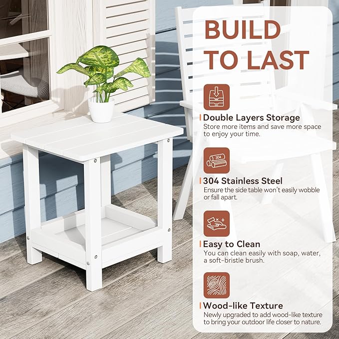 Outdoor Side Table for Garden, Lawn, Living Room Adirondack Tables for Outside 2-Tier HDPE Waterproof Small Outside Side Tables for Patio End Table for Adirondack Chair, 2 Pcs, White