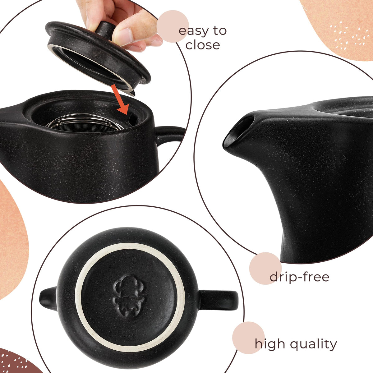Happy Lemuro Ceramic Teapot with Infuser - 40 oz Large Teapot with Strainer - Tea Pot Ceramic for Loose Tea - Ceramic Tea Pots for Tea