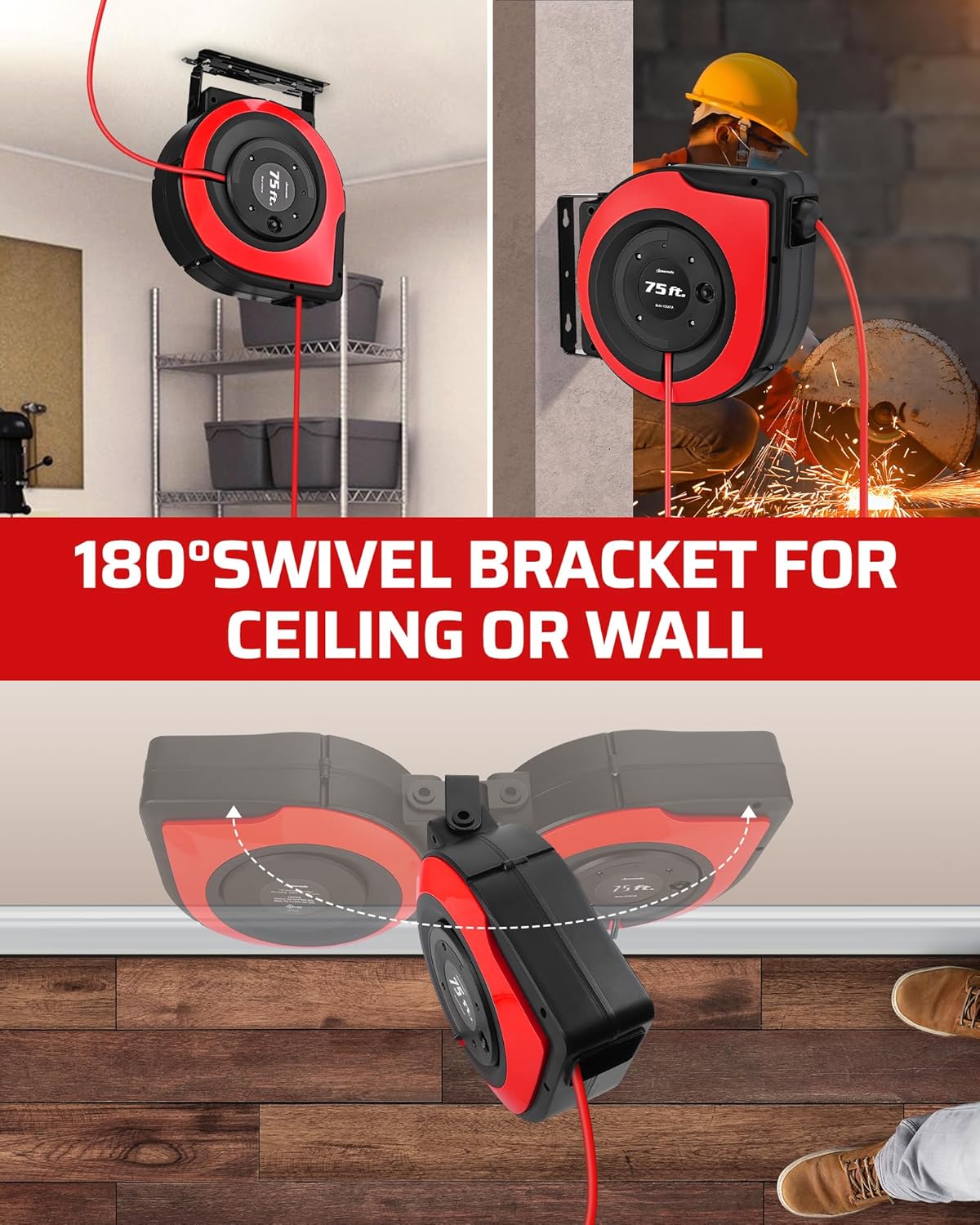 DEWENWILS Retractable Extension Cord Reel, 75 FT Heavy Duty Power Cord, 14/3C SJTOW Retractable Cord Reel, Lighted Triple Outlets, 10A Circuit Breaker, Wall/Ceiling Mount, UL Listed, Red