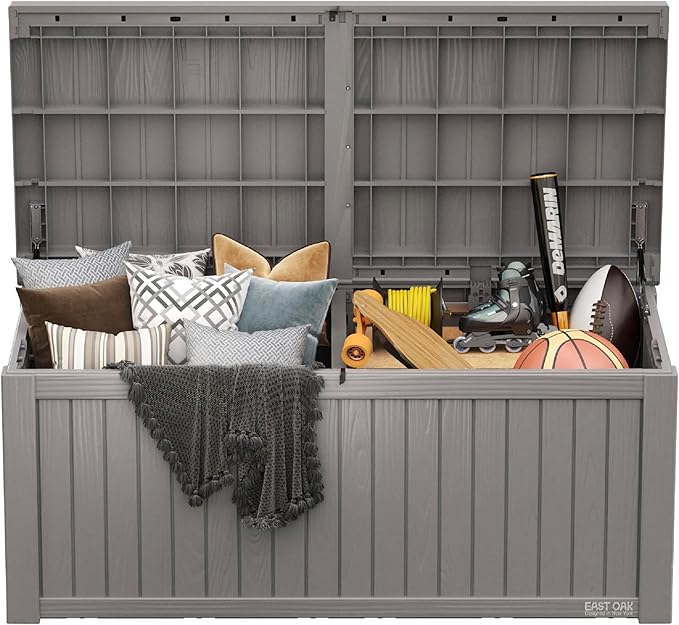 EAST OAK Outdoor Storage Box, 150 Gallon Deck Box, Large Resin Storage Bin for Patio Cushions, Gardening Tools, Lockable, Waterproof and UV Resistant, Grey