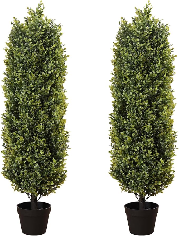 4ft Artificial Boxwood Topiary Trees (Set of 2) - UV Resistant Faux Plants for Outdoor/Indoor, Realistic 48in Fake Bushes and Shrubs for Front Porch, Planter, Patio - Low Maintenance & Evergreen