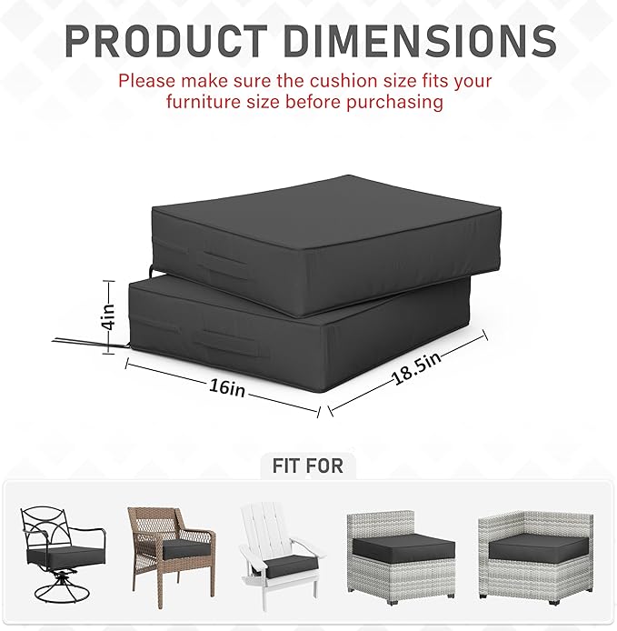 Patio Chair Cushions 18.5 X 16 X 4 Inch Waterproof Outdoor Seat Cushions for Patio Furniture, Outdoor Sofa Couch Pads with Ties & Handle, Set of 2, Grey