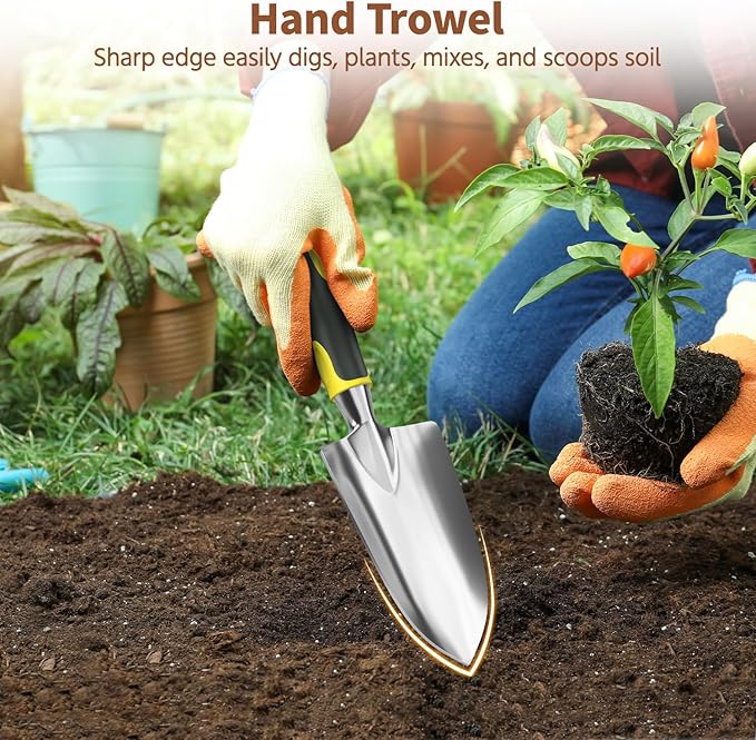 LASZOLA 3 Piece Garden Tool Set Include Hand Trowel Rake and Transplant Shovel for Women, Indoor Heavy Duty Small Spade Kit with Ergonomic Handle to Weed and Loosen, for Mom and Plant Beginner, Yellow
