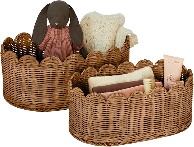 BEBE BASK Premium Scalloped Basket Set Of 2 - Scallop Basket - 16 x 10 x 7 Inch - Hand-Woven Elegant Wicker With Scalloped Edge - Nursery Storage (Mocca)