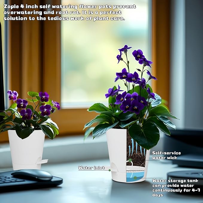 12 Pack 4 Inch Self Watering Plant Pots with Drainage and Saucers，Plastic Flower Pots for Indoor and Outdoor Plants, Nursery Planters for Houseplants and Herbs White, 4 inch 12pcs