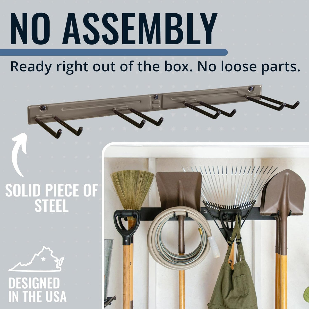 StoreYourBoard Wall-Mounted Rack With 4 Garage Hooks – Heavy-Duty Steel Holder Garage & Garden Storage for Shed, Workshop, or Home Organization – For Rakes, Shovels, Tools & More – 1 Pack, Mud