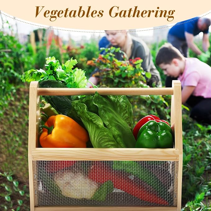 Garden Hod Harvest Basket Garden Harvesting Basket 12 x 10 x 7.5 Inch Pine and Metal Mesh Gardening Hod with Wood Handle for Flower Vegetable Fruit Gathering Supply Gift for Gardener
