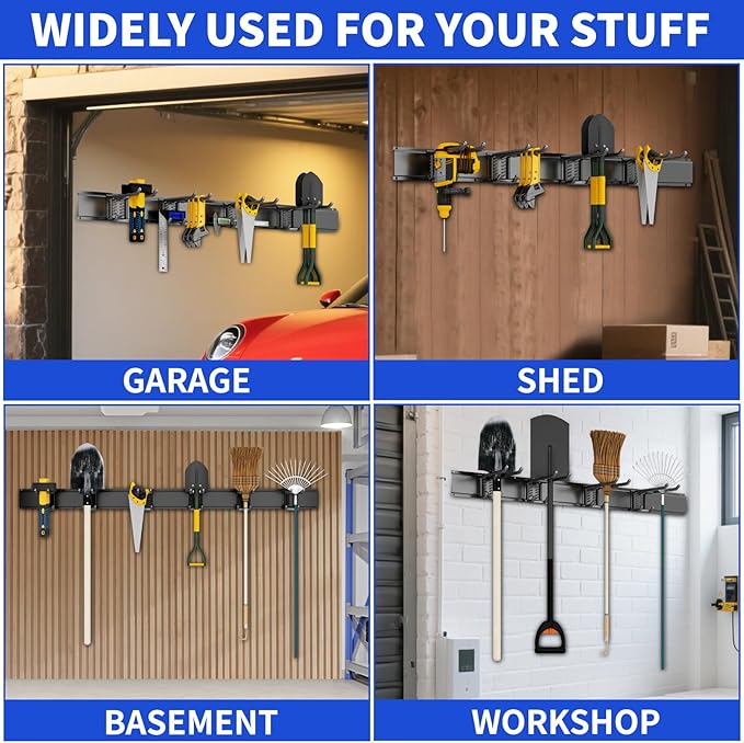 Garage Organization Tool Organizer Wall Mount, 48inch Heavy Duty Garden Tool organizer Storage System, Easy Install With 6 Adjustable Bilayer Hooks, For Garage, Basement, Shed, Workshop(Black)