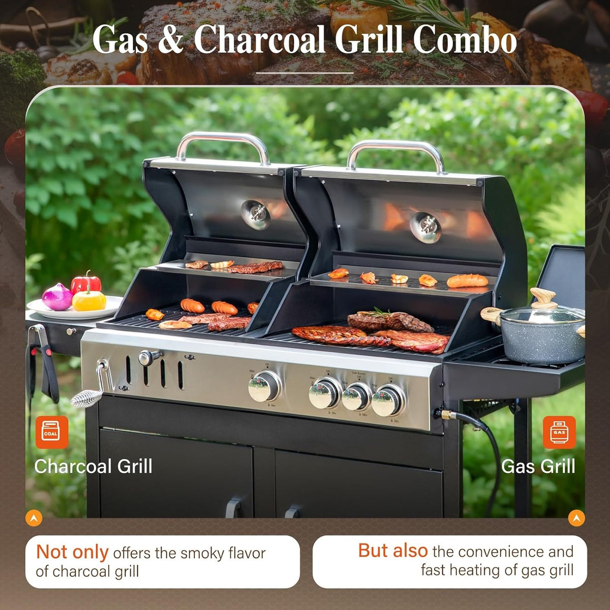 Sophia & William Charcoal and Propane Gas Grill Combo with Side Burner & Porcelain-Enameled Cast Iron Grate, Dual Fuel BBQ Grill for Outdoor, Barbecue Grill, 690 SQIN Cooking Area