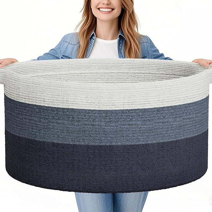 125L Extra Large Blanket Basket, 25" x 16", Jumbo Laundry Woven Baskets Decorative Home, Cotton Rope Basket with Handles, Baby Toy Baskets for Storage, Gradual Blue, 2PC