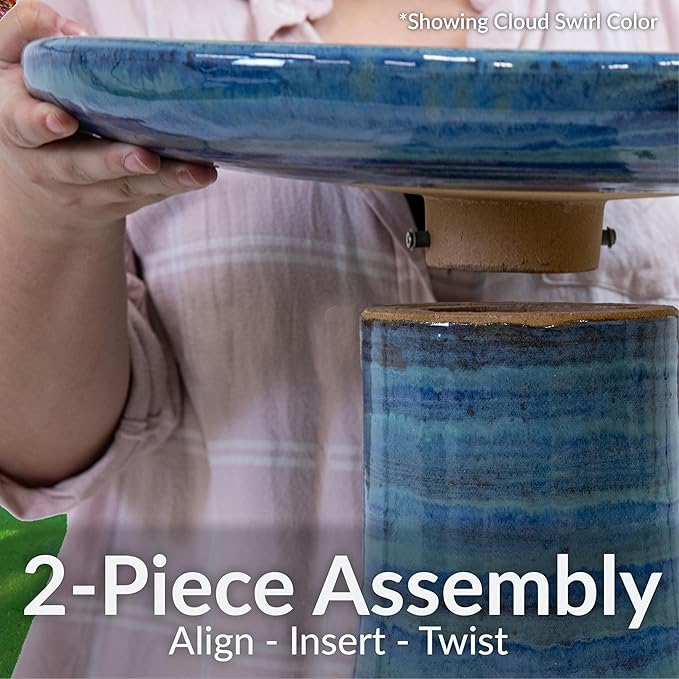Sunnydaze 21" H Ceramic Bird Bath for Outside - Hand-Painted Outdoor Bird Bath Bowl, UV/Frost-Resistant Finish - Seafoam - Cut Out Pedestal