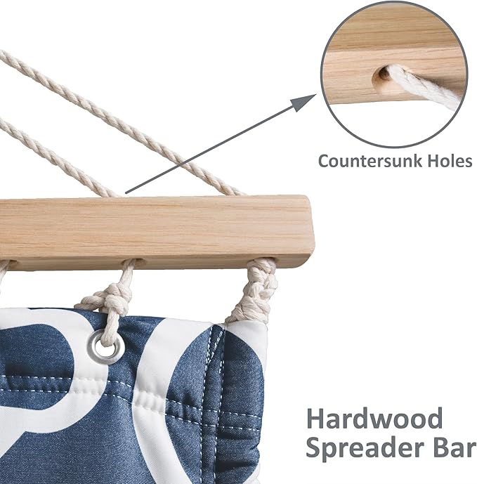 SUNCREAT Two Person Hammock with Stand, 475 lbs Capacity, Portable Patio Hammock with Hardwood Spreader Bar, Large Soft Pillow, Blue Pattern