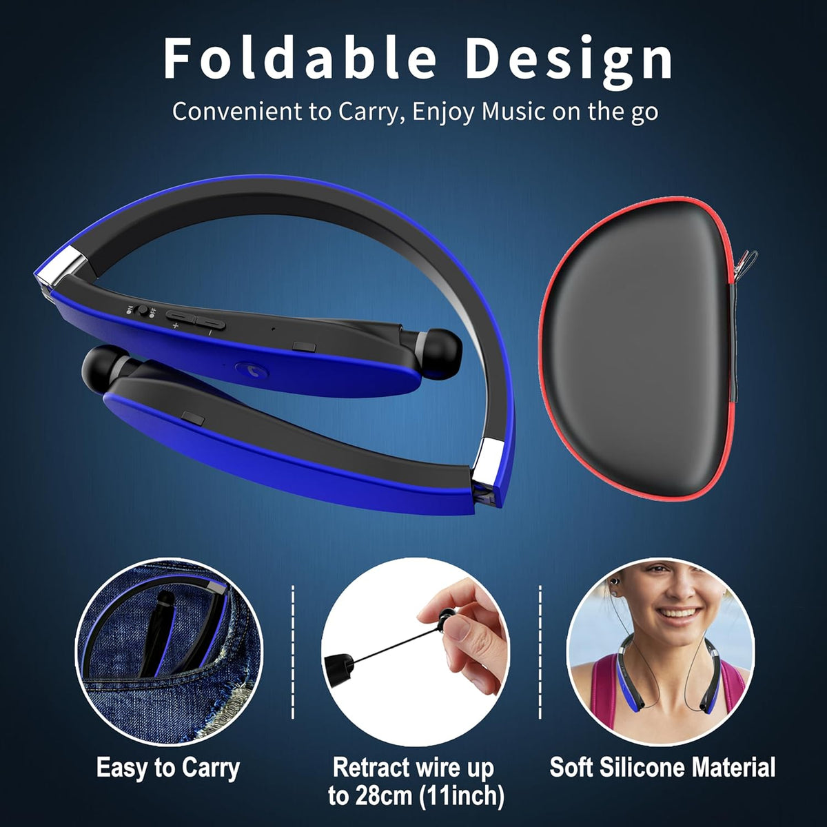 AMORNO Foldable Bluetooth Headphones Wireless Neckband Headset with Retractable Earbuds, Sports Sweatproof Noise Cancelling Stereo Earphones with Mic (Blue)