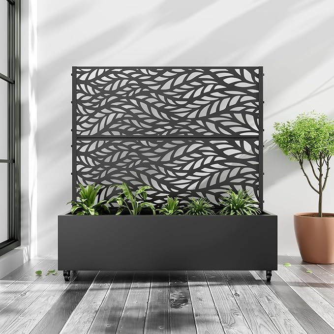 Casaphoria Metal Raised Garden Bed with Trellis and Wheels, 47"x47"x16" Planter Box for Climbing Plants, Vegetables & Vines, Features Drainage Holes and Privacy Screen (Black-Spring)