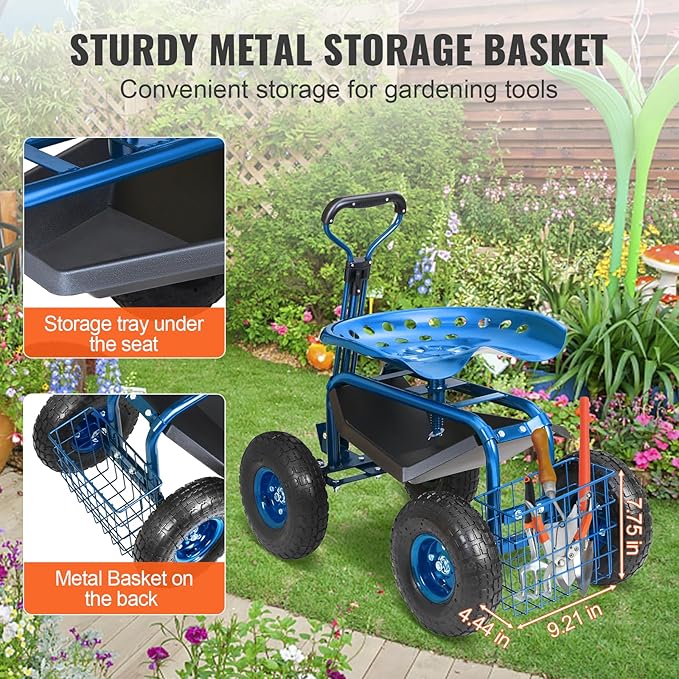 VEVOR Rolling Garden Work Seat with Wheels, Gardening Stool for Planting, 360 Degree Swivel Seat, Garden Scooter with Steering Handle & Tool Tray, Garden Chair for Outdoor, Patio and Yard, Blue