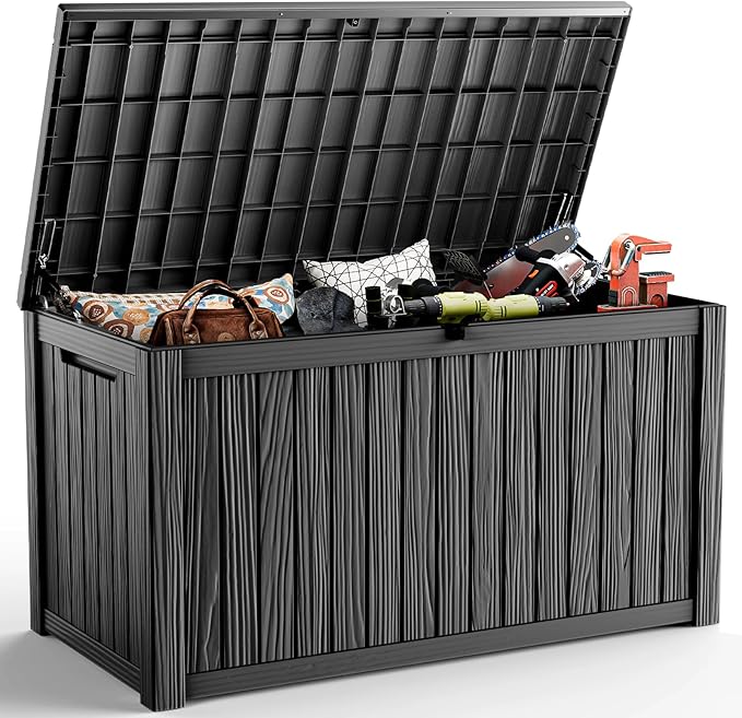 DRATO 180 Gallon Deck Box, Waterproof Resin Large Outdoor Storgae Box for Patio Furniture, Patio Cushions, Gardening Tools, Pool and Sports Supplies, Lockable