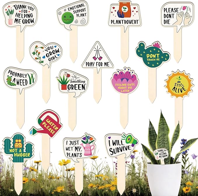 Funny Wooden Plant Labels - 15 Pack Tags for Succulents, Flowers, Greenery; Waterproof, Outdoor Garden Plant Markers; Perfect Gifts for Plant Lovers