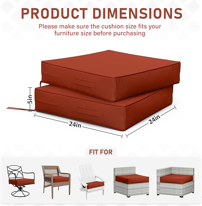 Patio Chair Cushions 24 X 24 X 5 Inch Waterproof Outdoor Seat Cushions for Patio Furniture, Outdoor Sofa Couch Pads with Ties & Handle, Set of 2, Terra Red
