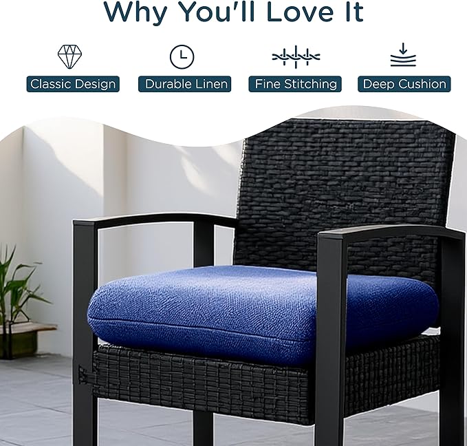 Codi Outdoor Seat Cushions for Patio Furniture 22x22 Inch, Waterproof Chair Cushion with Textured Fabric, Handles & Adjustable Straps, Fade Resistant - Set of 2, Naby Blue