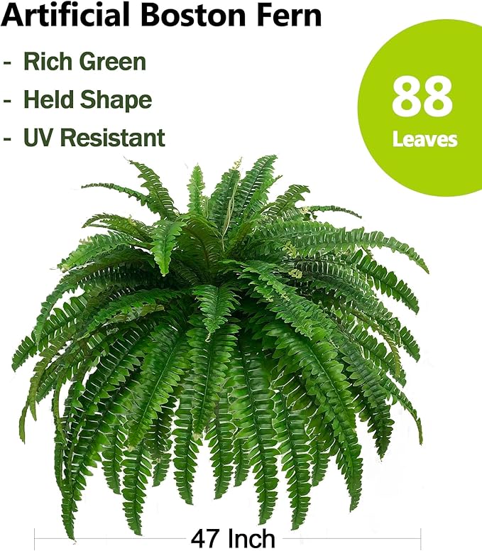 GYERB Large Fake Boston Ferns, 88 Branches Artificial Ferns, Faux Fern Plants for Home, Office, Garden Indoor Outdoor Decoration(48 inch,1pack)