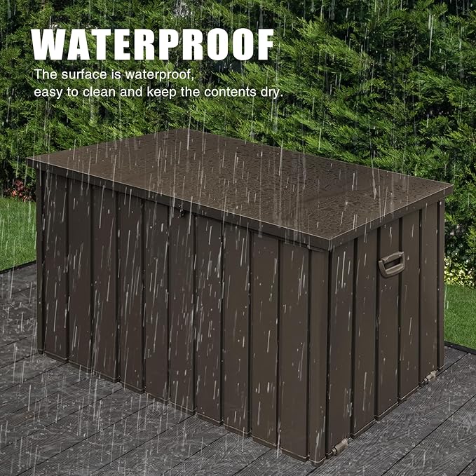 Domi Outdoor Deck Box 100 Gallon, Waterproof Lockable Steel Outdoor Storage Container for Outside Cushions, Garden Tools and Pools Equipment (Dark Brown)