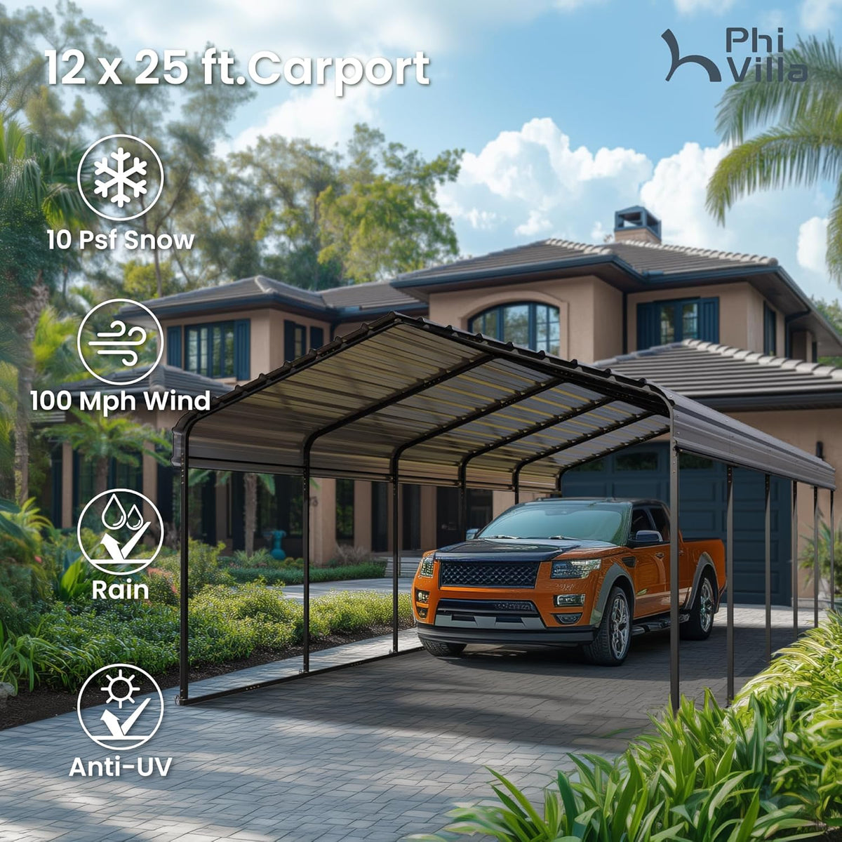 PHI VILLA 12 x 25 ft Heavy Duty Car Port with Galvanized Steel Roof with Sidewalls, Sturdy Metal Carport Kits for Cars, Boats, and Tractors