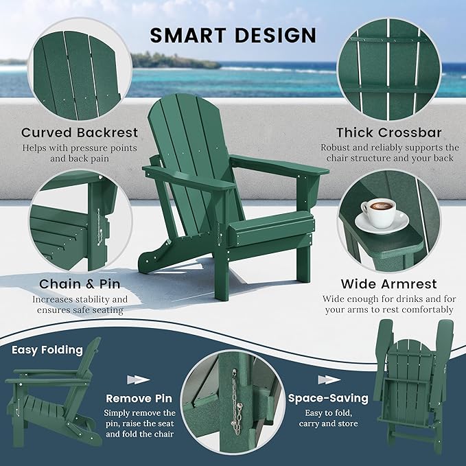 Westin Outdoors Laguna WO Home Outdoor Adirondack Folding Chair Lounger Seat Traditional Retro Home Furniture for Beach, Balcony, Backyard, Lawn, Patio, Pool, Deck, Garden (Dark Green)