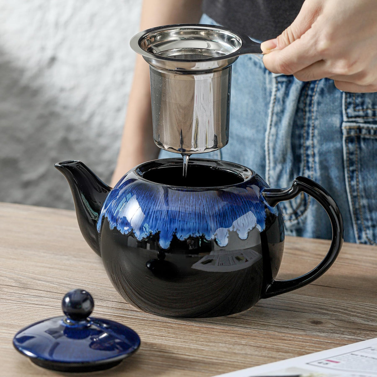 KOOV Tea Pot with Infuser for Loose Tea, 34OZ Ceramic Teapot with Infuser, Enough For 6 Cups, Tea Pots with Tea Strainers for Tea Party, Reactive Glaze (Nebula Blue)