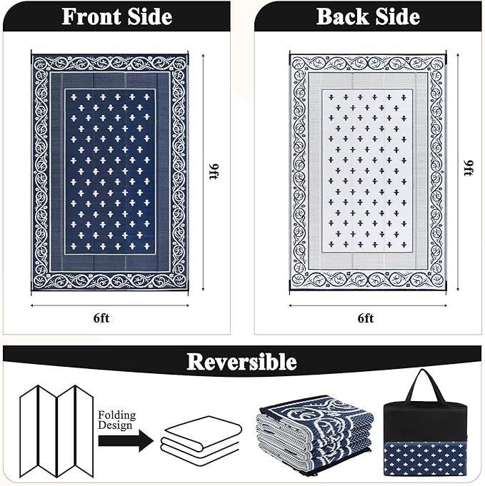 Pauwer Waterproof Outdoor Rug 6x9, Reversible Plastic Straw Patio Camping Rug, Indoor Outdoor RV Mat Carpet for Deck, Camper, Porch, Balcony, Backyard, Picnic, Bordered Navy