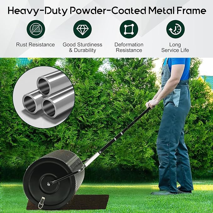 Compost and Peat Moss Spreader with Updated 2 in 1 ATV & T Shaped Handle, 16”WX48”L, Lawn and Garden Peat Moss Roller w/Laser Cutting Wire Mesh Baskets for Spreading Manure, Topsoil