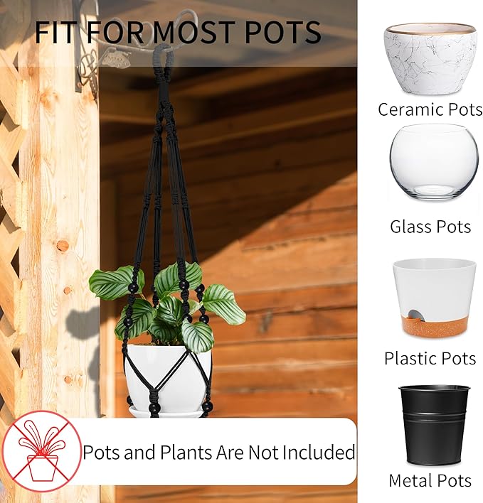 3 Pack Macrame Plant Hanger - 43"/35"/29" Different Sizes, Hanging Planter Basket Flower Pot Holder for Indoor Outdoor, with Wood Beads, Boho Home Decor, Black (POTS NOT Included)