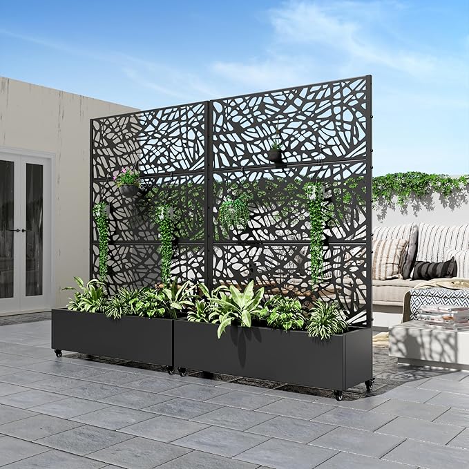 Casaphoria Metal Raised Garden Bed with Trellis and Wheels, 72"x47"x16" Planter Box for Climbing Plants, Vegetables & Vines, Features Drainage Holes and Privacy Screen (Black-Net)