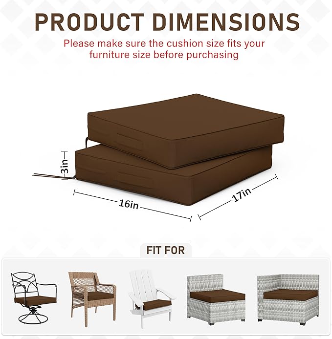 Patio Chair Cushions 17 X 16 X 3 Inch Waterproof Outdoor Seat Cushions for Patio Furniture, Outdoor Sofa Couch Pads with Ties & Handle, Set of 2, Chocolate