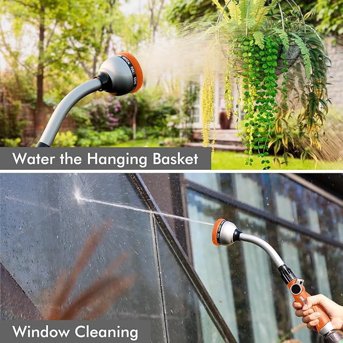 RESTMO Watering Wand Heavy Duty, Metal Garden Hose Wand with 10 Spray Patterns, 15-Inch Long Hose Nozzle Sprayer with Thumb Flow Control, Ideal to Water Hanging Baskets and Shrubs, Orange
