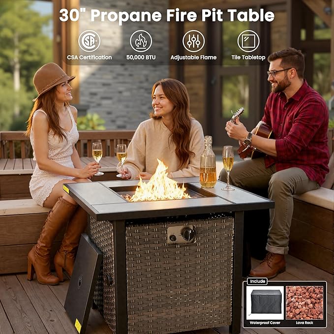 ovios 6 Pieces Patio Furniture Set with 30" Fire Pit Table, Outdoor Wicker Sofa with Ottomans, Comfy Cushions, High Back Couch Conversation Set, Brown Rattan, Orange Red