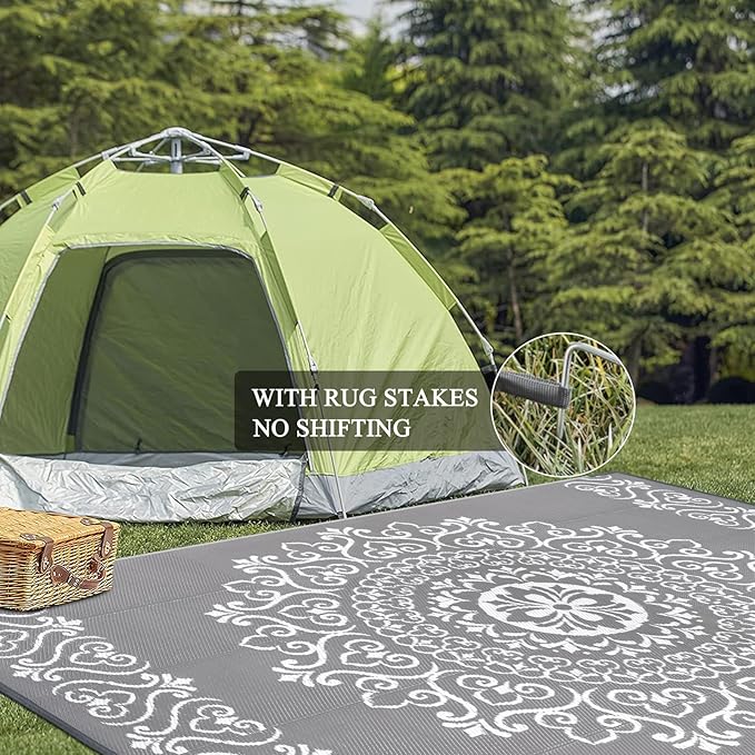 Pauwer Waterproof Outdoor Rug 8x10, Reversible Plastic Straw Patio Camping Rug, Indoor Outdoor RV Mat Carpet for Deck, Camper, Porch, Balcony, Backyard, Picnic, Floral Grey