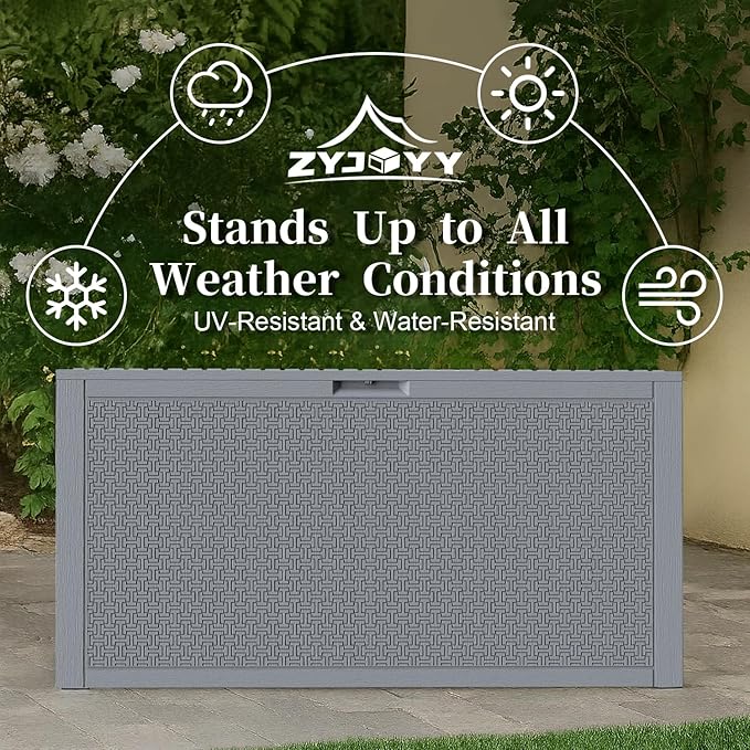 Outdoor Storage Box, 90 Gallon Deck Box, Waterproof Resin Storage Bin for Patio Cushions, Gardening Tools, Lockable, UV Resistant, Grey