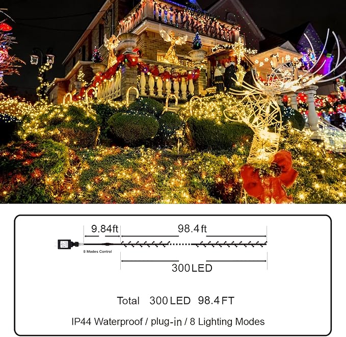 KNONEW Outdoor Christmas Lights 300 LED 99ft String Lights 8 Modes & Memory Fairy Light Plug in Waterproof LED String Lights for Xmas Yard Tree Wedding