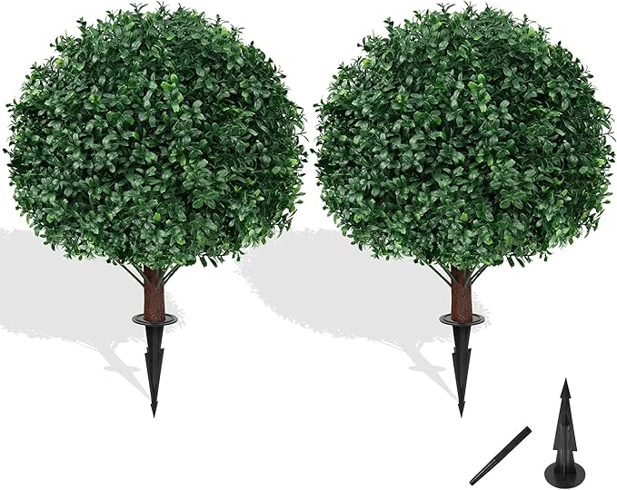 Artificial Boxwood Topiary Ball Tree with Ground Spike, Set of 2 Artificial Shrub Bushes, Fake Evergreen Tree for Porch, Artificial Plants for Outdoor Planters Indoor UV Resistant