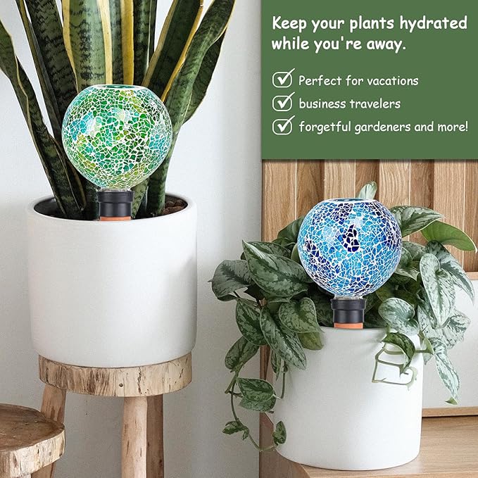 Terracotta Watering Spikes Mosaic Plant Watering Globes for Outdoor Plants 2 Pack Automatic Plant Waterer Indoor for Pots Garden Office