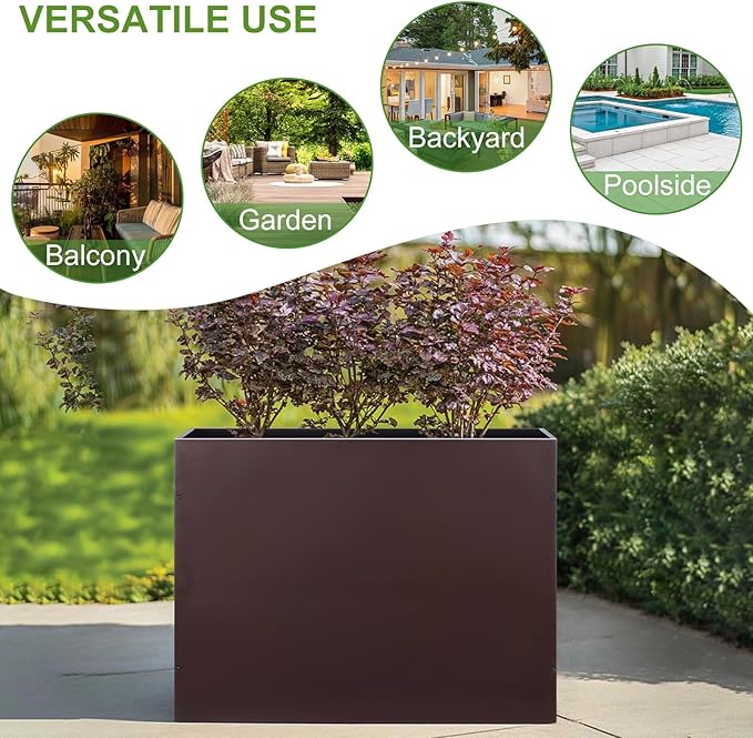Metal Rectangular Planter Box Tall Planters for Outdoor Plants Modern Heavy Duty with Drainage Holes for Outside Indoor Patio Deck - Brown, 32”x 12”x 24”