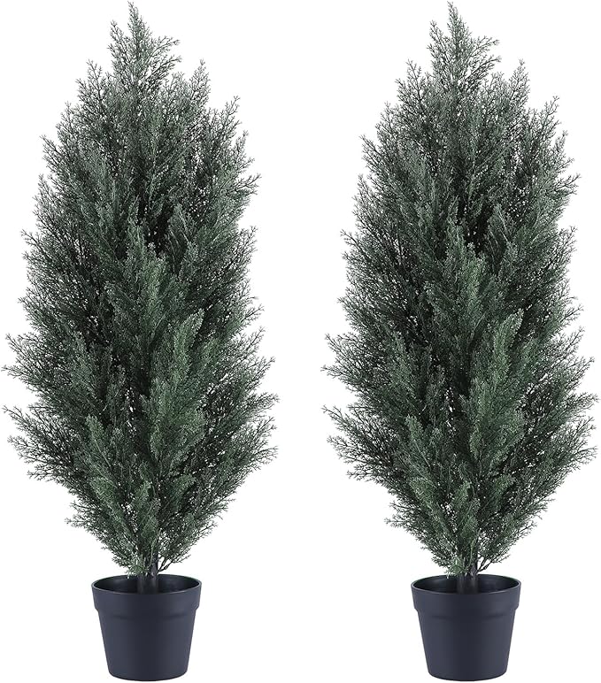 THE BLOOM TIMES 3ft Topiary Trees Artificial Outdoor 2 Pack – UV Resistant Faux Cedar Pine Cypress Bushes and Shrubs, Fake Potted Plants for Front Porch Outside Planter Patio Decor, Set of 2 (3 Foot)