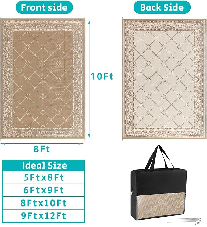 HEBE Outdoor Rug Waterproof 8x10, Reversible Plastic Straw Rug RV Camping Rug, Indoor Outdoor Patio Mat Clearance, Outside Carpet for Porch,Deck,Camper,Balcony,Backyard,Picnic