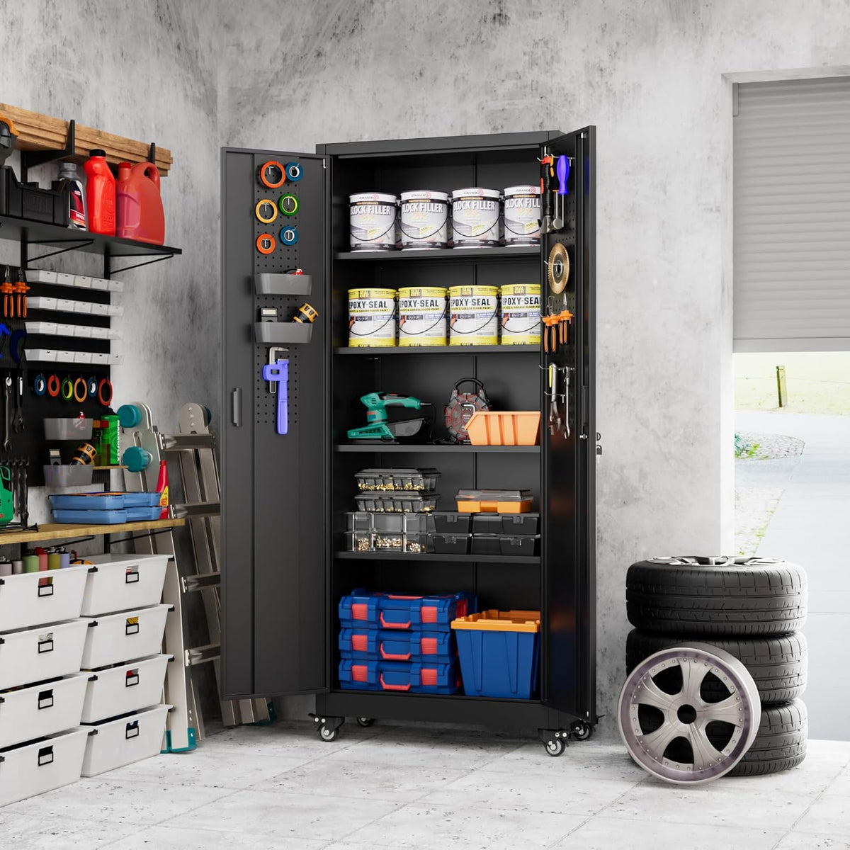 73" H Metal Garage Storage Cabinet with Wheels & Pegboard,Rolling Tool Cabinet with 2 Doors and 4 Shelves for Garage,Home,Office,Warehouse,Workshop, Required-Assembly,Black